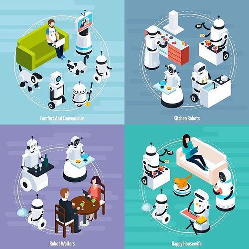 Kitchen and housewife home robots 2x2 isometric design concept of cleaning washing cooking waiters functions vector Illustration