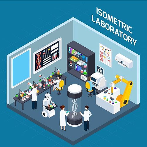 Biochemical laboratory interior isometric design concept with tools for genetics research and highly technological equipment flat vector illustration