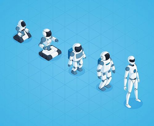 evolution of robots isometric design with stages of androids development on textured blue  vector illustration