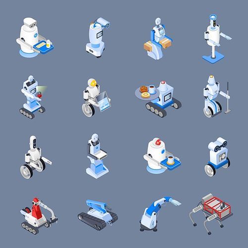 Robot isometric professions set of isolated icons with futuristic robotic workers of industrial and service sector vector illustration