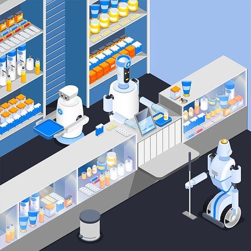 Robot isometric professions composition with smart robotic store attendants at counter of household chemical goods shop vector illustration
