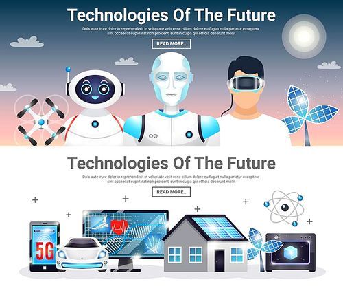 Technologies of future horizontal banners with eco house, electric car, robots, artificial photosynthesis, drones isolated vector illustration