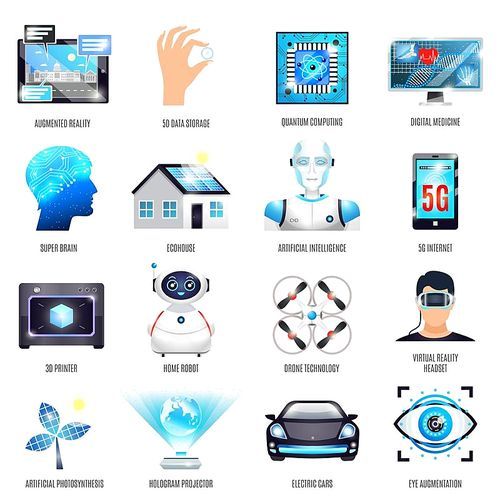 Technologies of future icons set including augmented reality, artificial photosynthesis and intelligence, electric car isolated vector illustration