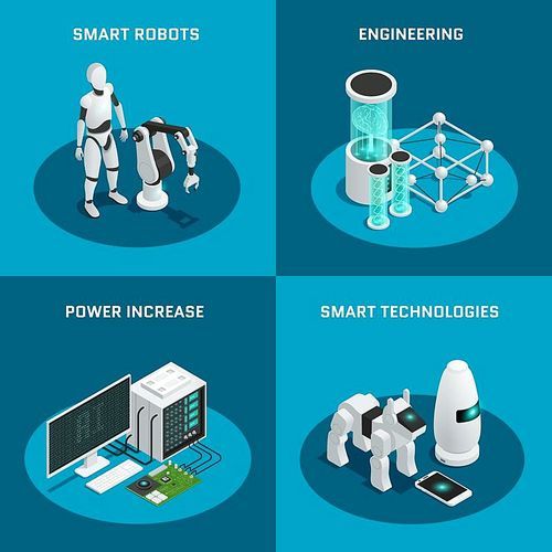 Four square artificial intelligence icon set with smart robot power increase engineering smart technologies descriptions vector illustration