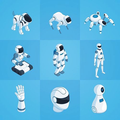 Robots set of isometric icons including androids automatic dog and spider on blue background isolated vector illustration