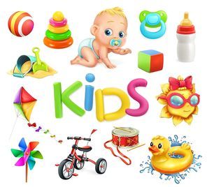Kids and toys. Children playground, 3d vector icons set