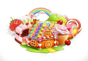 Sweet house. Confectionery and desserts, 3d vector illustration
