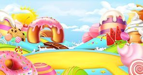 Glade in a candy land. Sweet landscape, 3d vector panorama