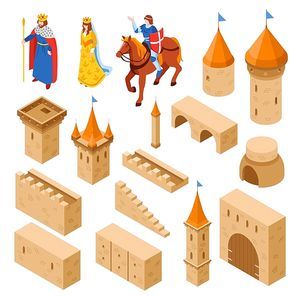 Medieval castle elements isometric set including towers and walls bridge gate and royal family isolated vector illustration