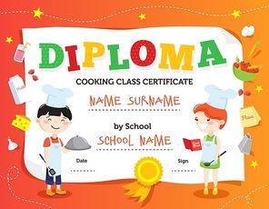 Little chef diploma design with cartoon teenager cook characters flat decorations and fields for personal data vector illustration