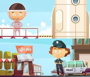 People professions two horizontal banner  with cute cartoon kids in suits of policeman and astronaut flat vector illustration