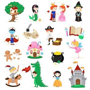 Set of fairytale characters in cartoon style including tree house, mermaid, gingerbread men, witch isolated vector illustration