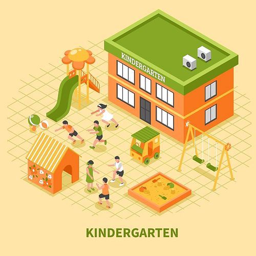 Kindergarten building isometric composition with kids group busy in sport and mobile games on playground vector illustration