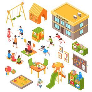Isometric kindergarten set of isolated playground elements toys indoor furniture and kids characters on blank background vector illustration