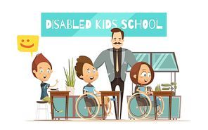 Learning of disabled kids design with boys girl at desks and smiling teacher cartoon style vector illustration
