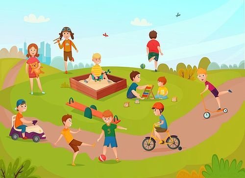 Colored kids playing composition with children on lawn have fun and play vector illustration