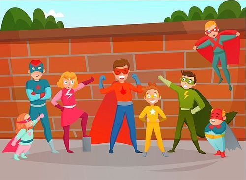 Kids superheroes composition with team of boys and girls in costumes on brick wall background vector illustration