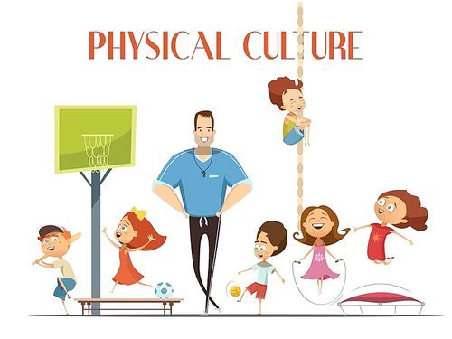 Primary school physical culture teacher enjoys modern sport facility with kids playing basketball and baseball cartoon vector illustration