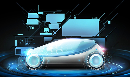 transport and future technology - futuristic concept car and virtual screens projection over  background