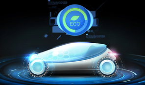 transport, environment and future technology - futuristic concept car with eco icon over  background