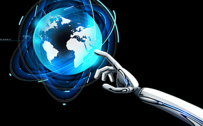 science, future technology and progress concept - robot hand touching virtual earth hologram over black background