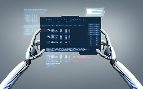 science and future technology concept - robot hands programming tablet pc over gray background