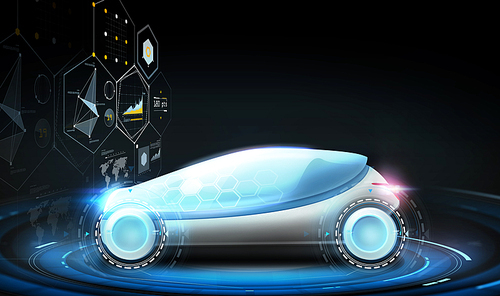 transport and future technology - futuristic concept car and virtual screen projection over  background