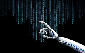 science, future technology and progress concept - robot hand with binary code over black background