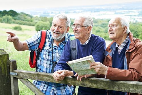 Group Of Senior Male Friends Hiking In Countryside