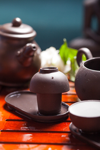Close-up table with  earthenware for Chinese tea ceremony