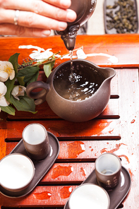 Close-up table with  earthenware for Chinese tea ceremony