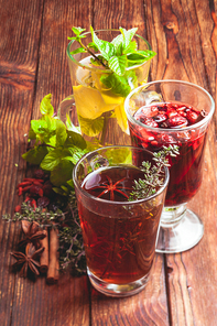 Fragrant herbal tea with thyme, mint, cranberry, lemon for healthy in winter