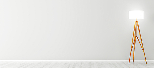 Interior background of empty room with wooden floor lamp over grey wall 3d rendering