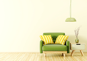 Interior design of living room with wooden side table, lamp and green velvet armchair over yellow 3d rendering