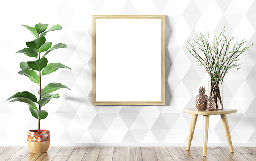 Room interior background, mock up poster, glass vase with flower branches on the table over white paneling wall, 3d rendering