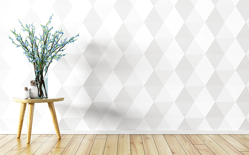 Room interior background,  glass vase with flower branches on the table over white paneling wall, 3d rendering