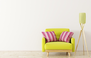 Interior design of living room with wooden floor lamp and green armchair 3d rendering