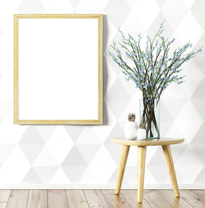 Room interior background, mock up poster and glass vase with flower branches on the table over white paneling wall, 3d rendering