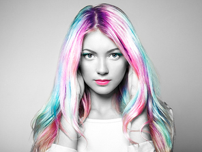 beauty fashion model girl with colorful dyed hair. girl with perfect makeup and hairstyle. model with perfect healthy dyed hair.  hairstyles