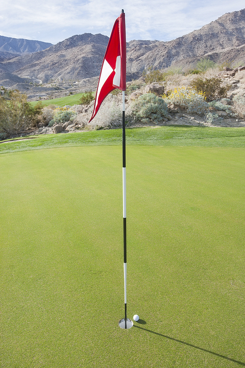 Golf ball and flag at course