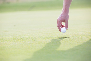 Cropped image of hand holding golf ball over cup