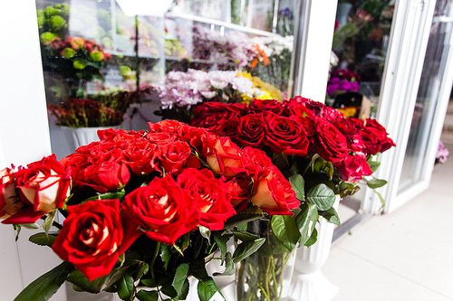 Collection of beautiful roses for sale at a floristic shop