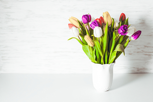 Color tulips in a white vase. Spring concept with copy space