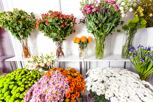 Various fresh flowers in the flower market