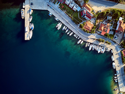 Marina with yachts top aerial view drone shot, Sithonia, Greece
