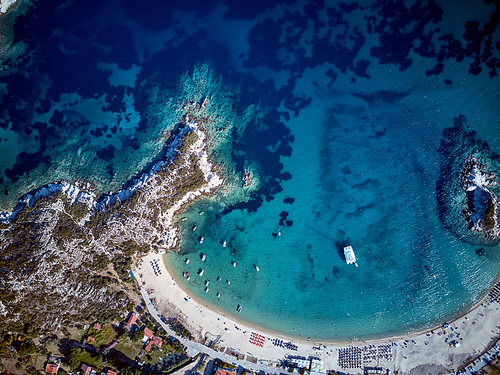 Beautiful beach top aerial view drone shot, Sithonia, Greece
