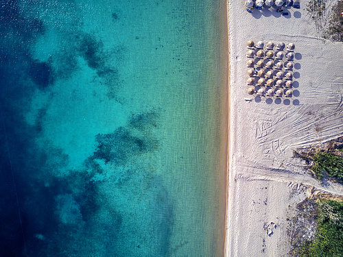 Beautiful beach top aerial view drone shot, Sithonia, Greece