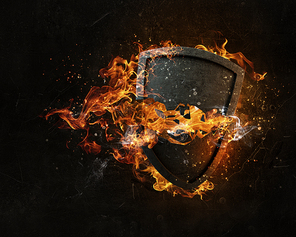 Stone broken shield in fire flames on dark background
