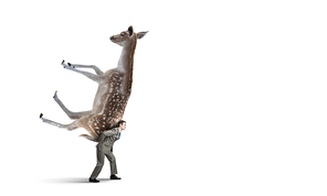 Tired businessman carrying deer on his back