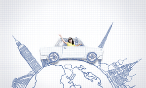 Young woman riding car made of list of paper